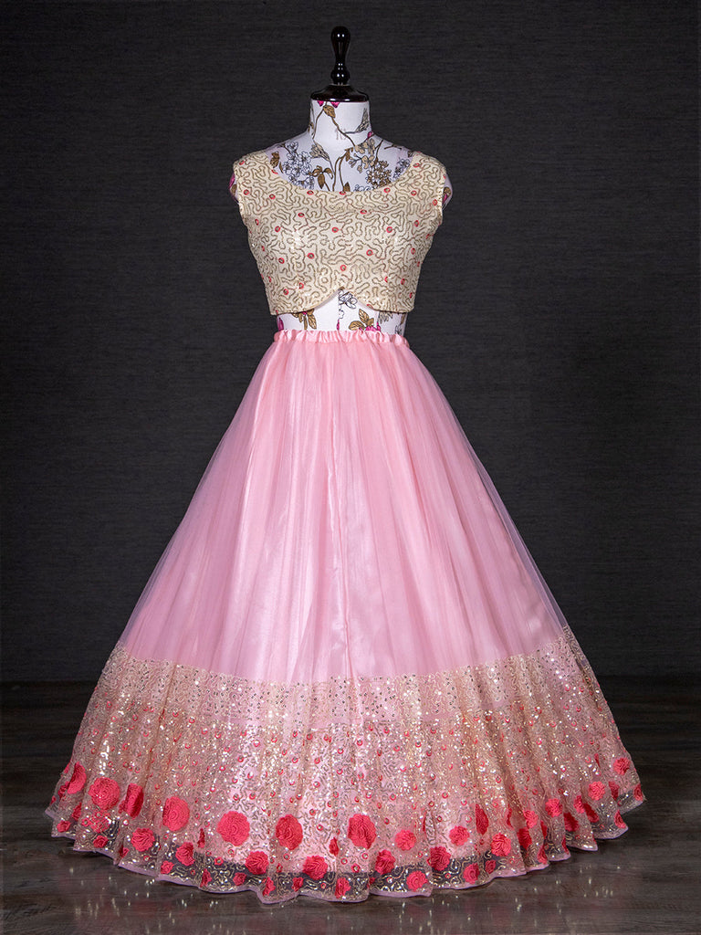Light Pink Color Sequins Embroidery Work Net Lehenga Choli W