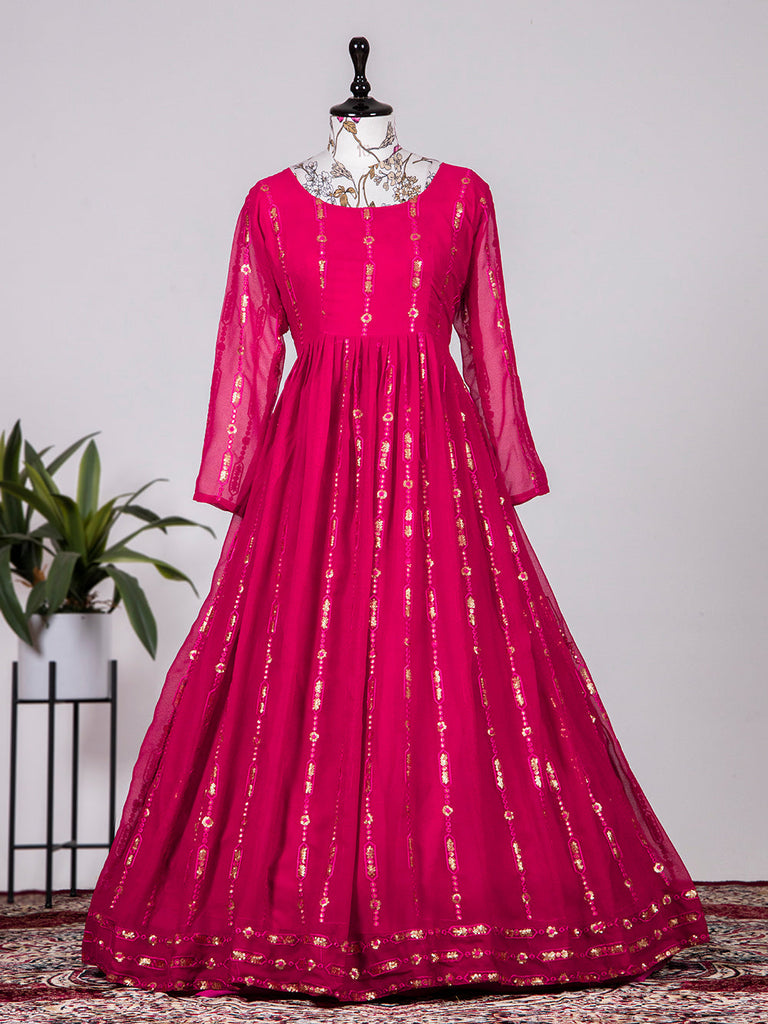 Rani Pink Color Sequins And Thread Embroidery Work Georgette Gown Clothsvilla