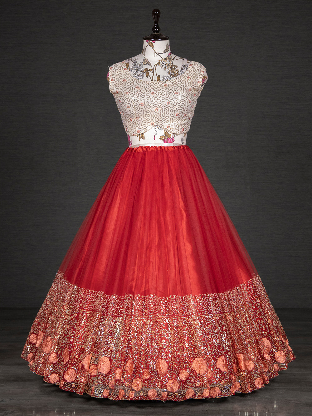 Red Color Sequins Embroidery Work Net Lehenga Choli With Dupatta Clothsvilla