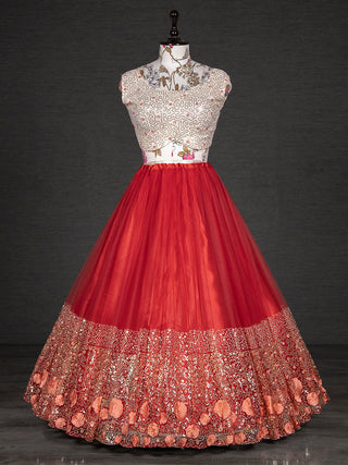 Red Color Sequins Embroidery Work Net Lehenga Choli With Dupatta Clothsvilla