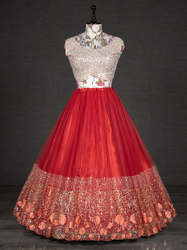 Red Color Sequins Embroidery Work Net Lehenga Choli With Dupatta Clothsvilla