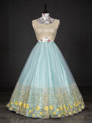 Sky Blue Color Sequins Embroidery Work Net Lehenga Choli With Dupatta Clothsvilla