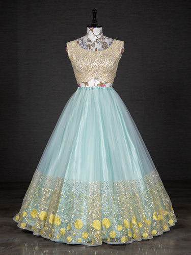 Sky Blue Color Sequins Embroidery Work Net Lehenga Choli With Dupatta Clothsvilla