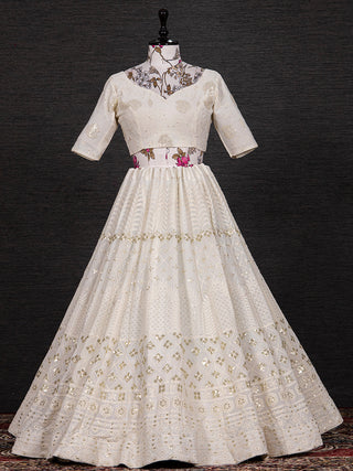 White Color Sequins And Thread Embroidery Work Georgette Lehenga Choli With Chinon Dupatta Clothsvilla