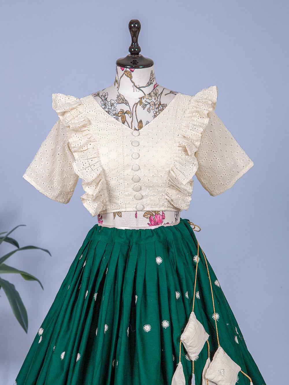 Green Color Sequins & Lucknowi Work Pure Cotton Two Piece Lehenga Choli Clothsvilla