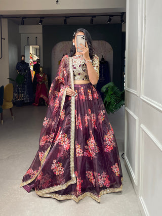 Wine Color Printed And Sequins Embroidery Lace Border Organza Lehenga Choli ClothsVilla.com