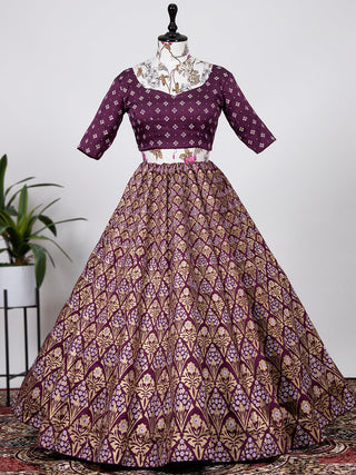 Wine Color Aada Slub Silk Foil Printed Lehenga Choli With Chanderi Dupatta Clothsvilla