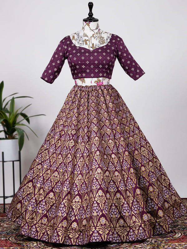 Wine Color Aada Slub Silk Foil Printed Lehenga Choli With Chanderi Dupatta Clothsvilla