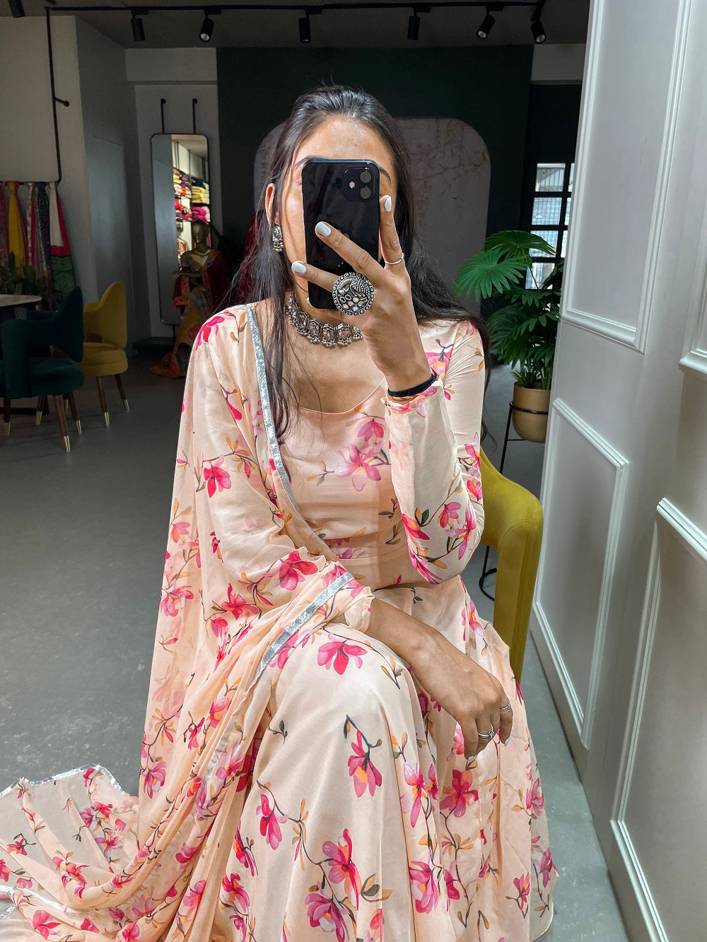 Cream Color Floral Printed Anarkali Style Chiffon Kurti Clothsvilla