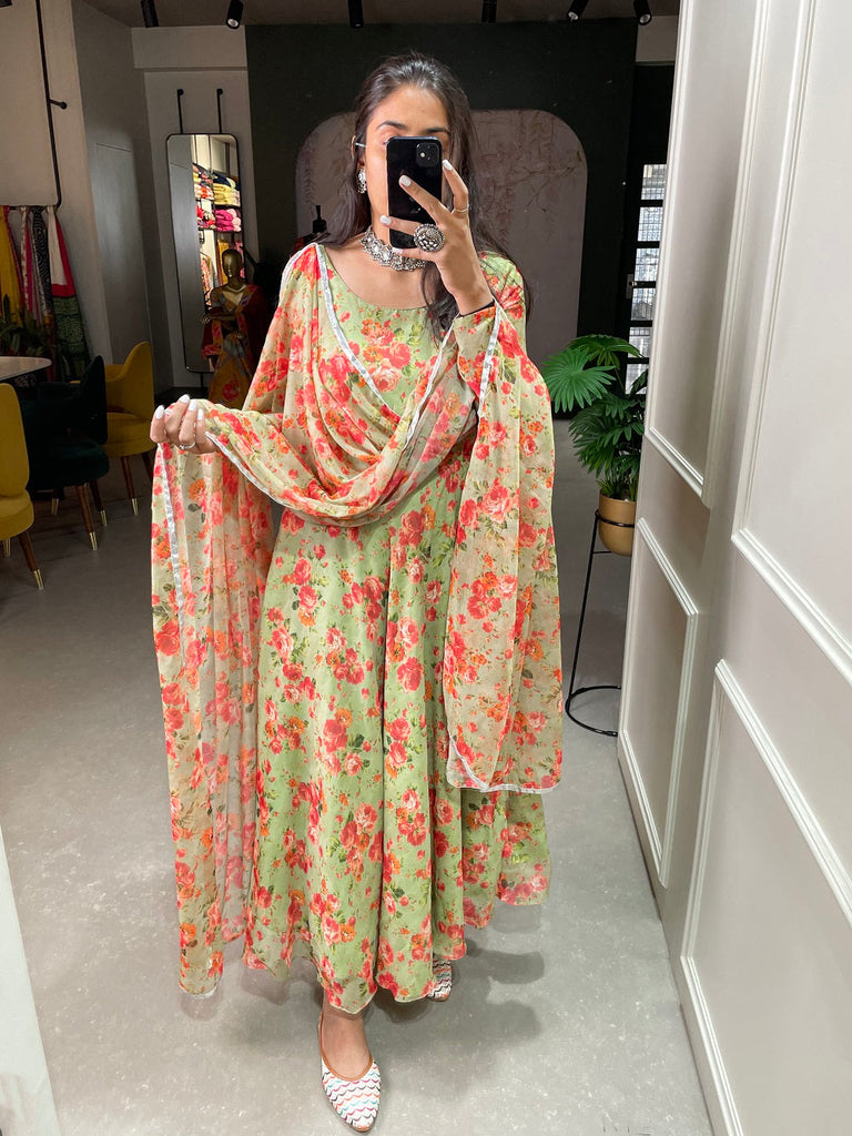 Pista Color Floral Printed Anarkali Style Chiffon Kurti Clothsvilla