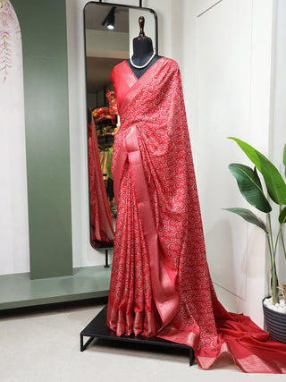Crimson Color Printed With Zari Border Dola Silk Saree Clothsvilla