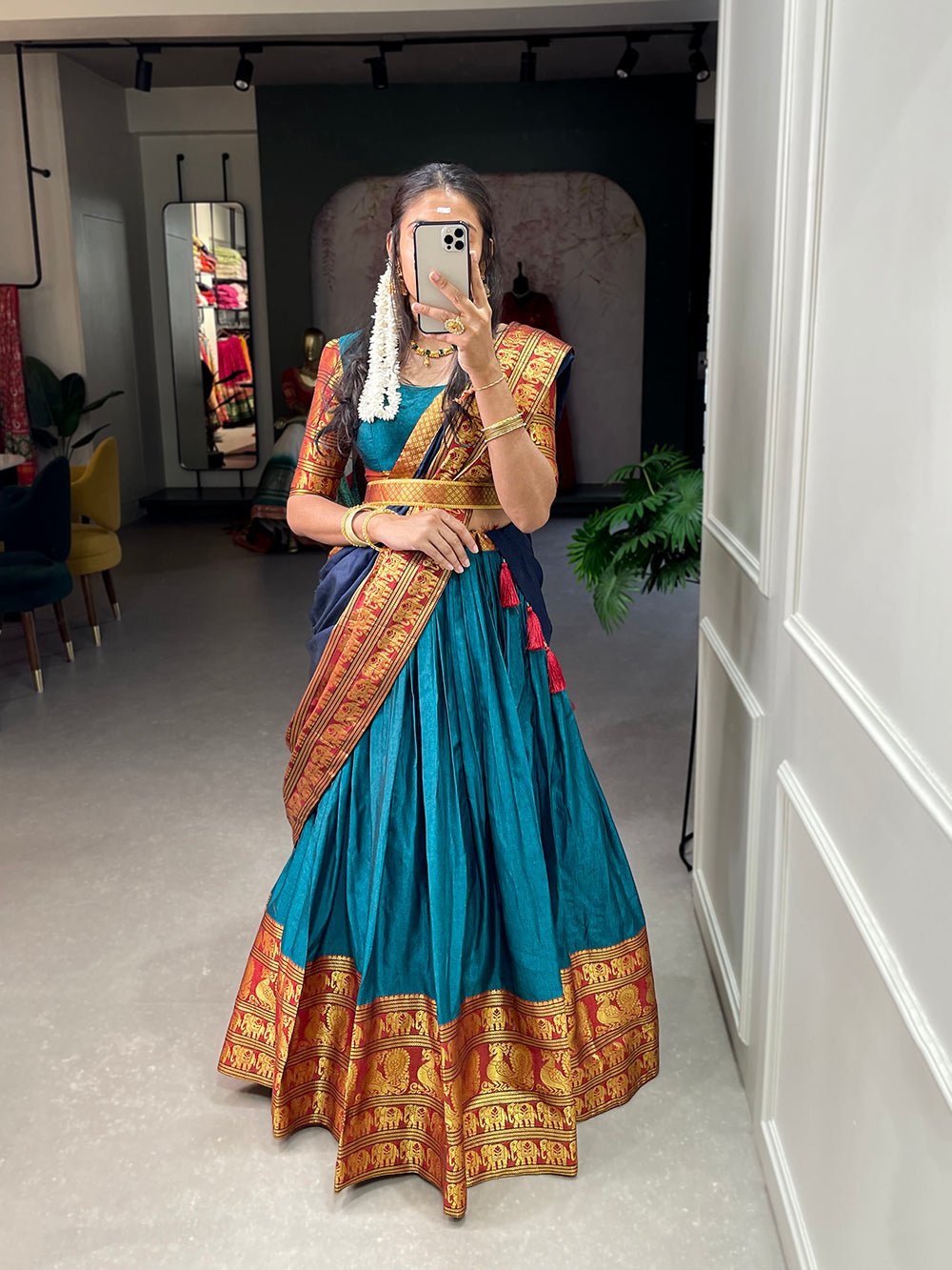 Firozi Color Zari Weaving Work Narayan Pet (Cotton) Kollam Pattu  Lehenga Choli ClothsVilla.com