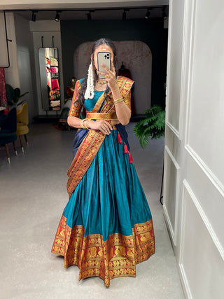 Firozi Color Zari Weaving Work Narayan Pet (Cotton) Kollam Pattu  Lehenga Choli ClothsVilla.com