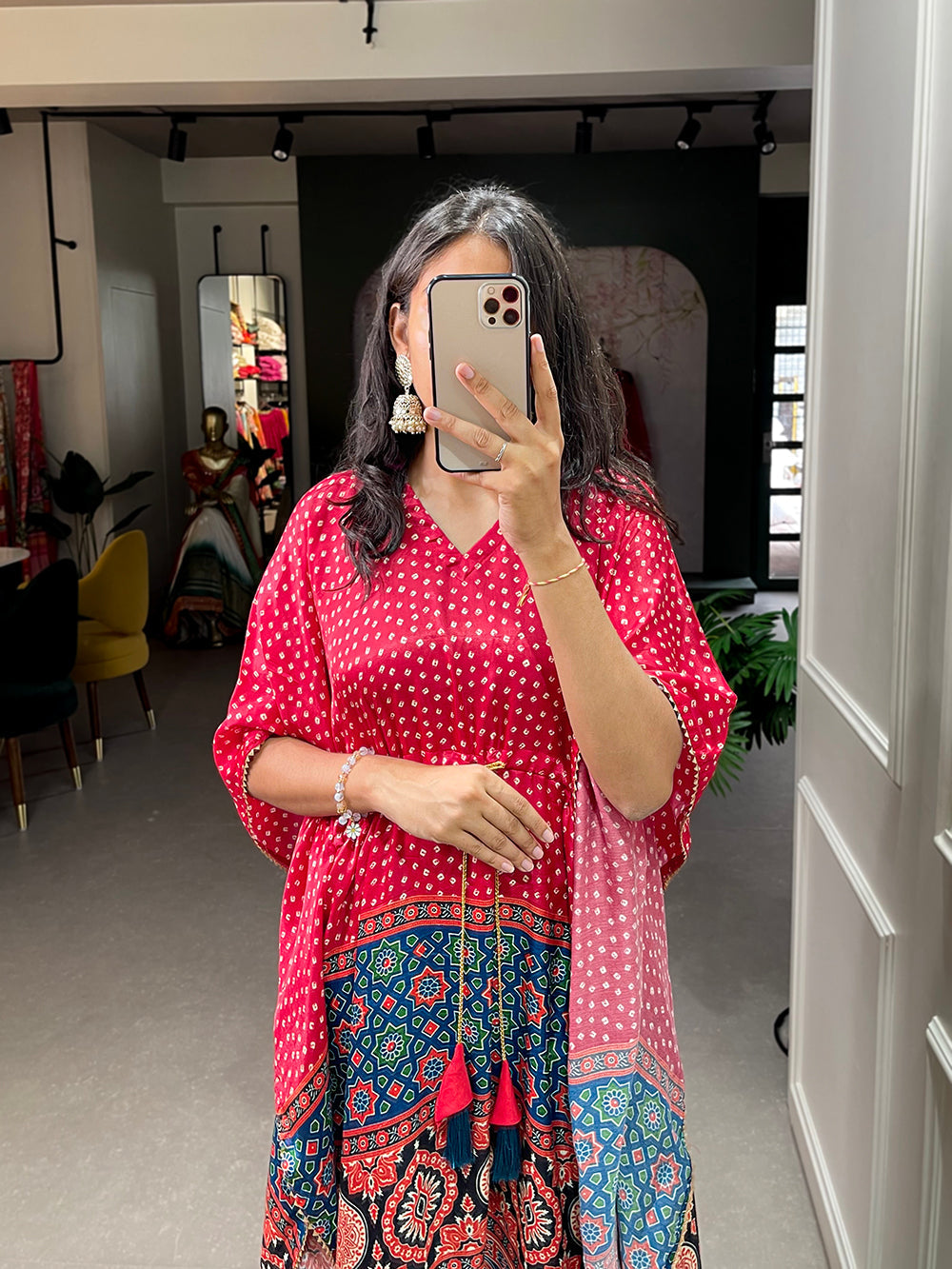 Red Color Ajrakh Printed Gaji Silk Kaftan ClothsVilla