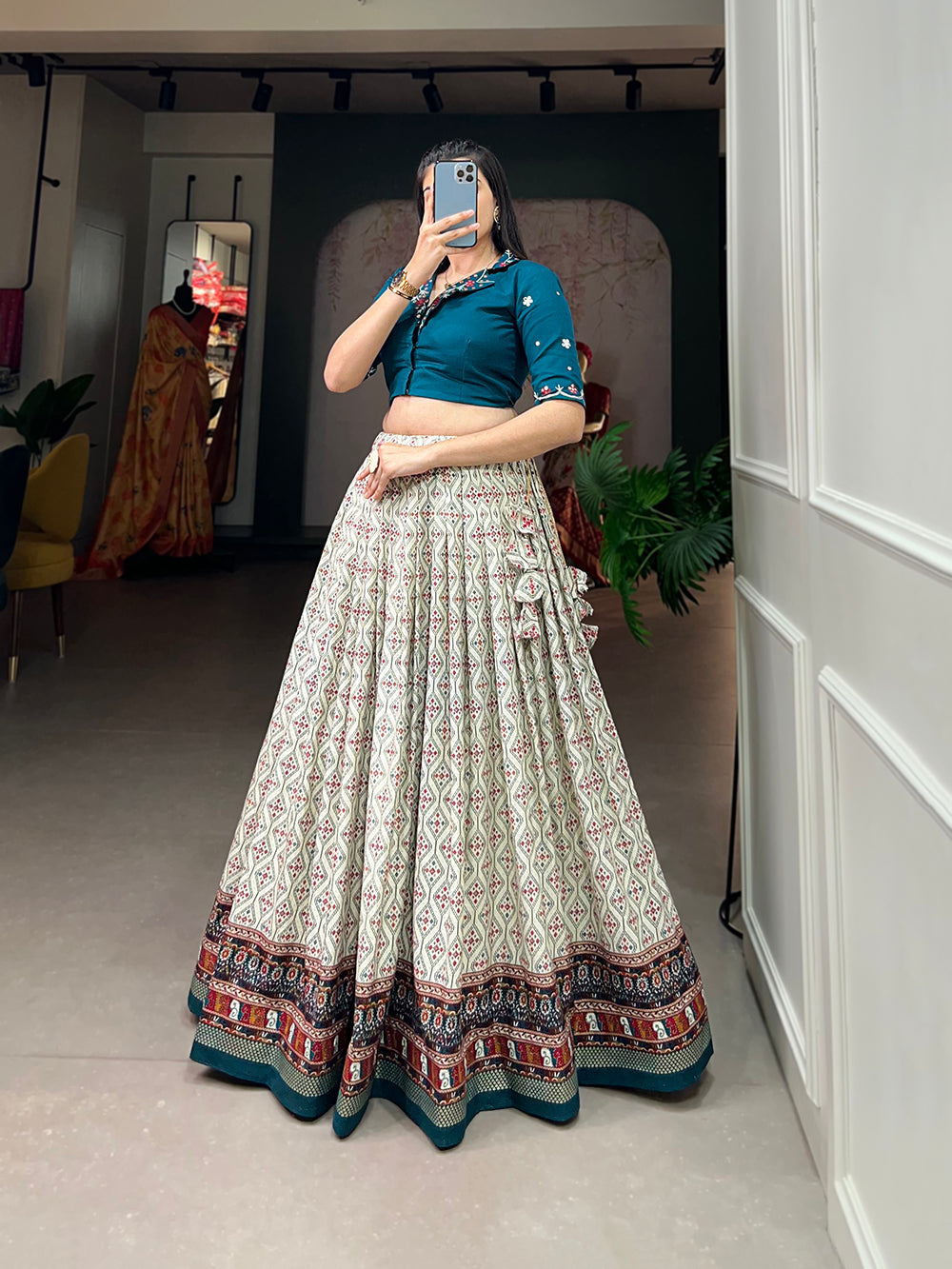 Teal Color Patola With Foil Print Rayon Cotton Co-ord Set Lehenga Choli Clothsvilla