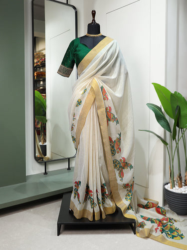 Sitar Design Printed Kasavu Zari Border Saree Clothsvilla