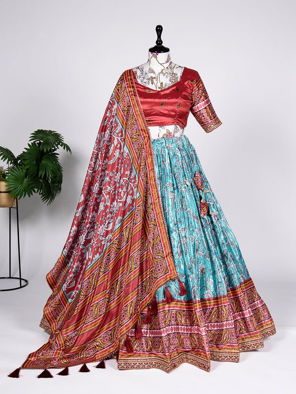 Sky Blue Color Ikkat Patola Print and Sequins Embroidery Chinon Lehenga Choli ClothsVilla