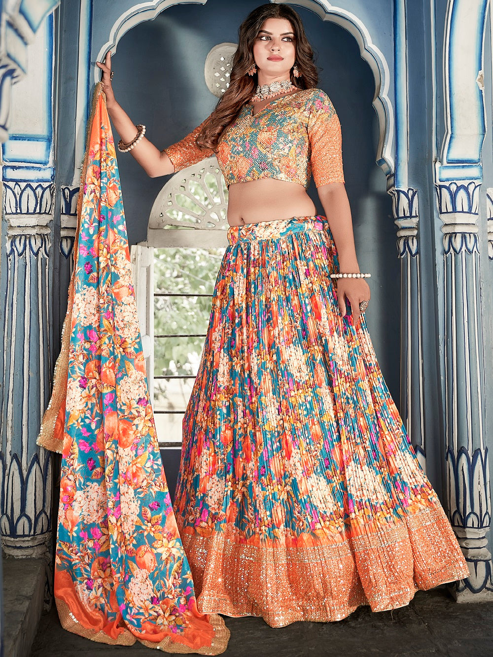 Sky Blue Color Digital Print With Sequins Embroidery Work Crushed Chinon Lehenga Choli ClothsVilla.com