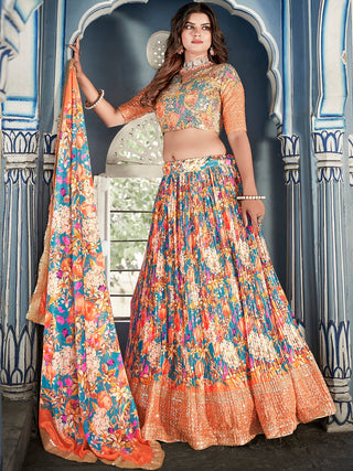 Sky Blue Color Digital Print With Sequins Embroidery Work Crushed Chinon Lehenga Choli ClothsVilla.com
