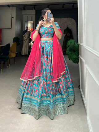 Sky Blue Color Digital Printed Sequins And Embroider Work Chinon Lehenga Choli Clothsvilla