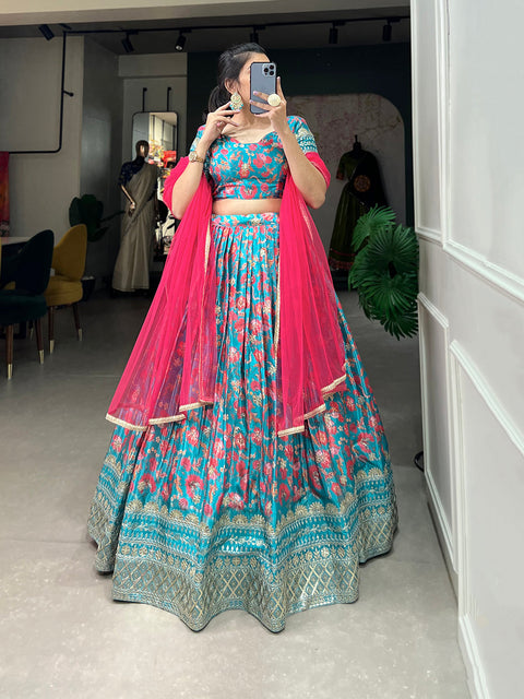 Sky Blue Color Digital Printed Sequins And Embroider Work Chinon Lehenga Choli Clothsvilla Main image