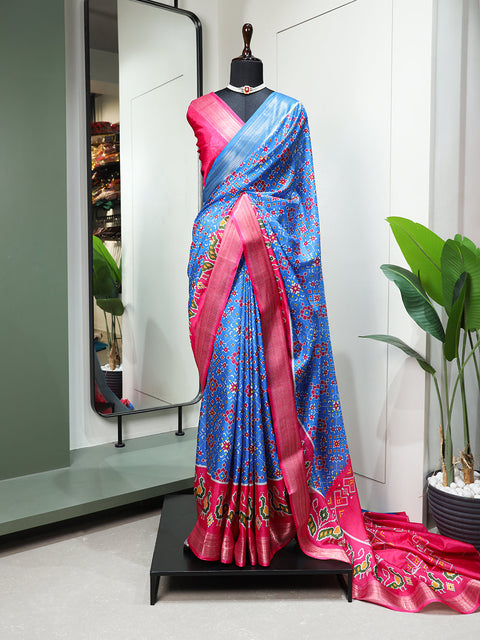 Sky Blue Color Digital Patola Printed Dola Silk Saree Clothsvilla Main image
