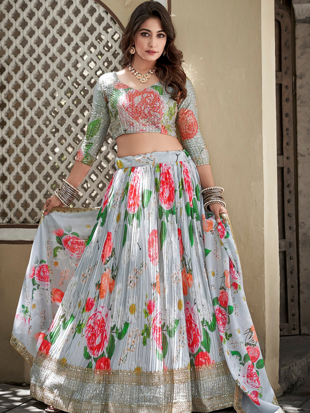 Sky Blue Color Digital Print With Sequins Embroidery Work Crushed Chinon Lehenga Choli ClothsVilla.com