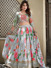 Load image into Gallery viewer, Sky Blue Color Digital Print With Sequins Embroidery Work Crushed Chinon Lehenga Choli ClothsVilla.com