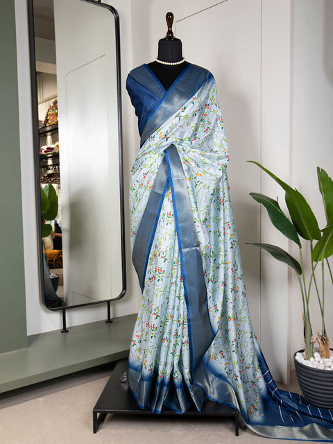 Sky Blue Color Printed With Zari Border Dola Silk Saree Clothsvilla Main image