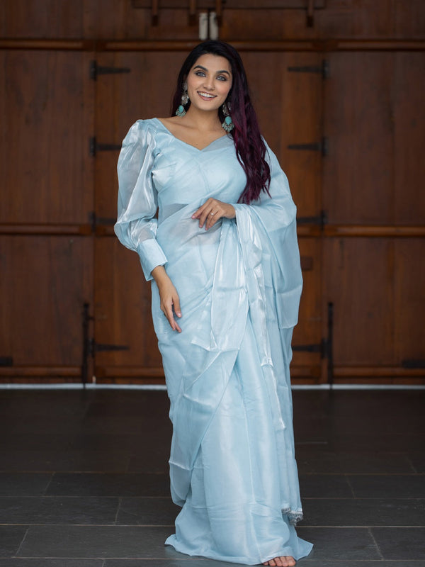 Sky Blue Color Jimi Silk Pallu Lace Border Saree Clothsvilla