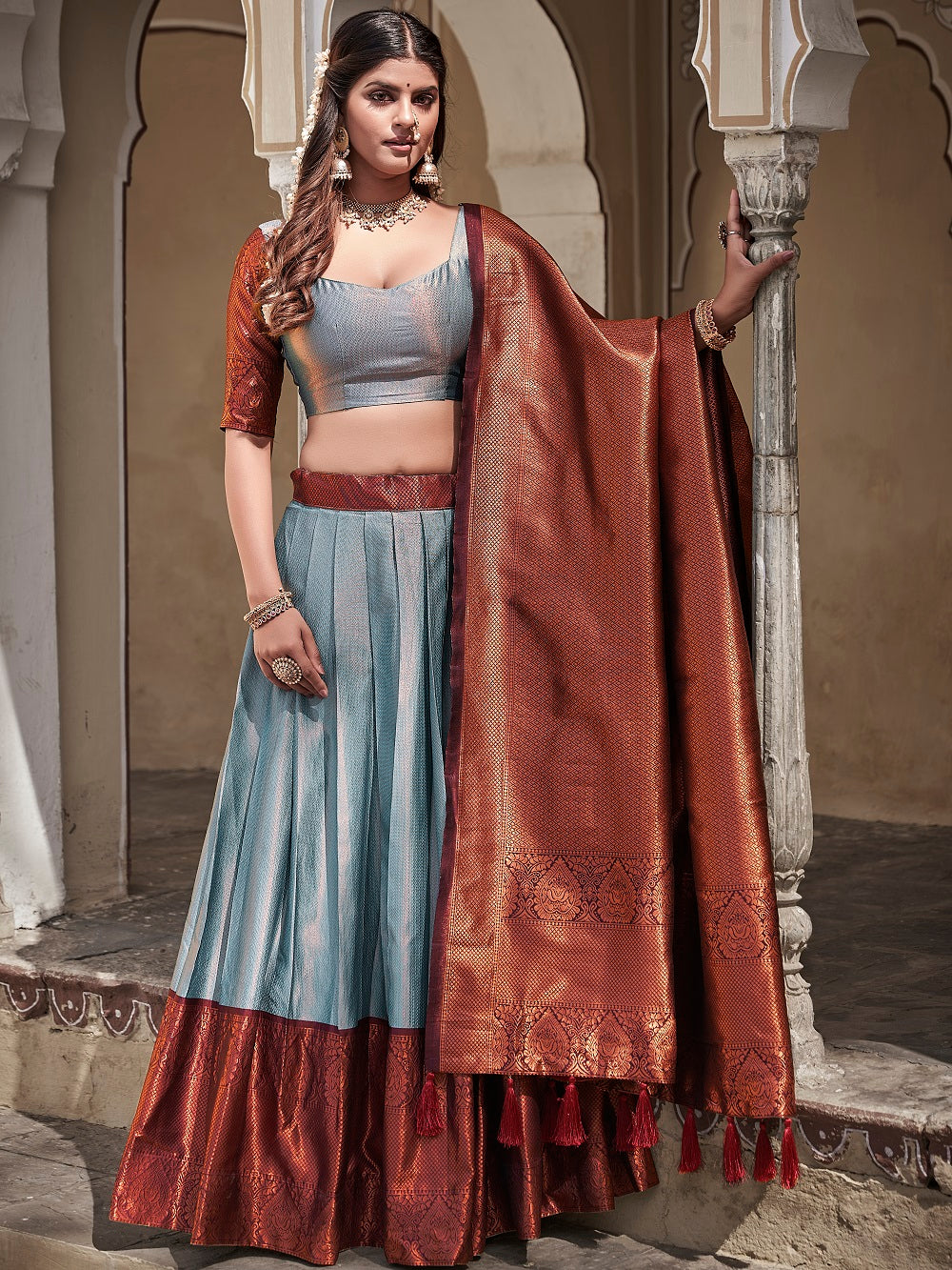 Sky Blue Color Zari Weaving Work Jacquard Silk Pattu Lehenga Choli ClothsVilla.com