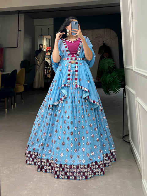 Sky Blue Color Sequins And Embroidery With Original Mirror Work Georgette Lehenga Choli Clothsvilla Main image