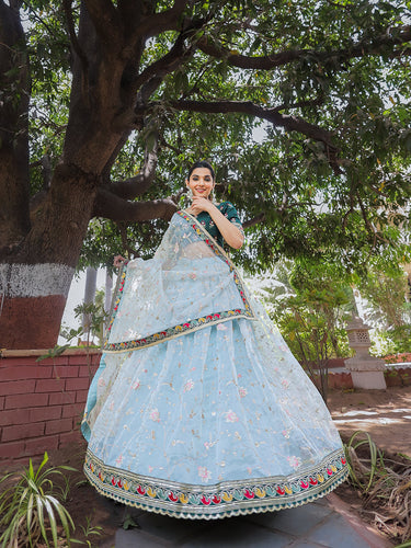 Sky Blue Color Thread Embroidery Work With Lace Border Organza Lehenga Choli ClothsVilla.com