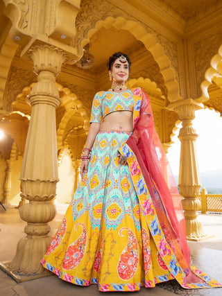 Sky Blue Color Printed & Real Mirror With Gota Pati Work Vaishali Silk Lehenga Clothsvilla