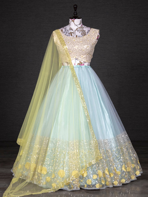 Sky Blue Color Sequins Embroidery Work Net Lehenga Choli With Dupatta Clothsvilla Main image