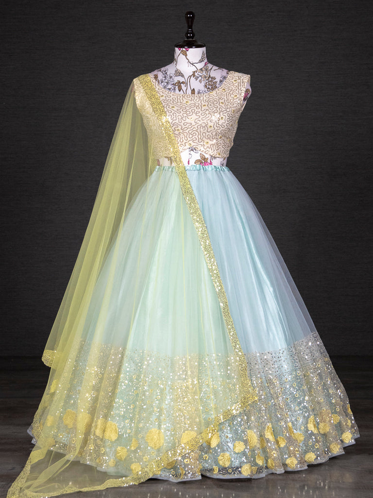 Sky Blue Color Sequins Embroidery Work Net Lehenga Choli With Dupatta Clothsvilla