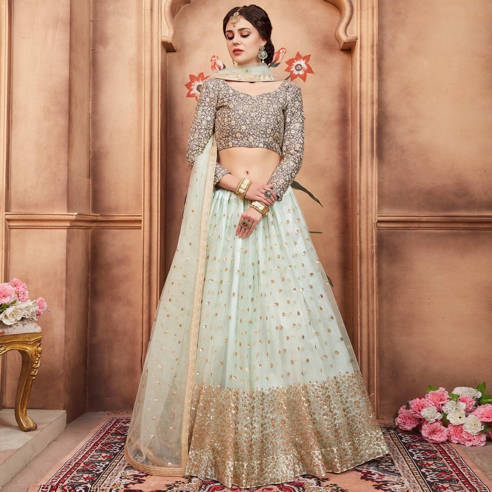 Sky Blue Festive Wear Sequins Thread Work Soft Net Lehenga Choli Clothsvilla