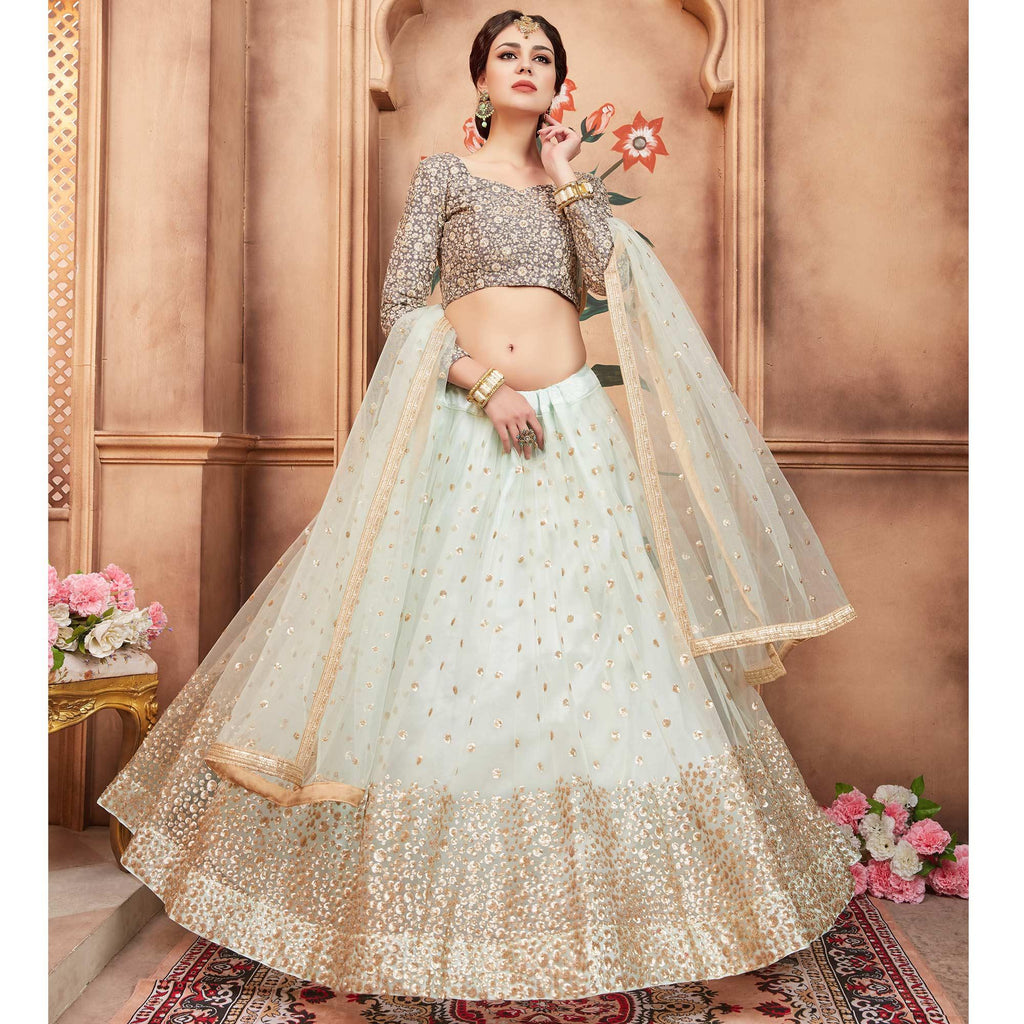 Sky Blue Festive Wear Sequins Thread Work Soft Net Lehenga Choli Clothsvilla