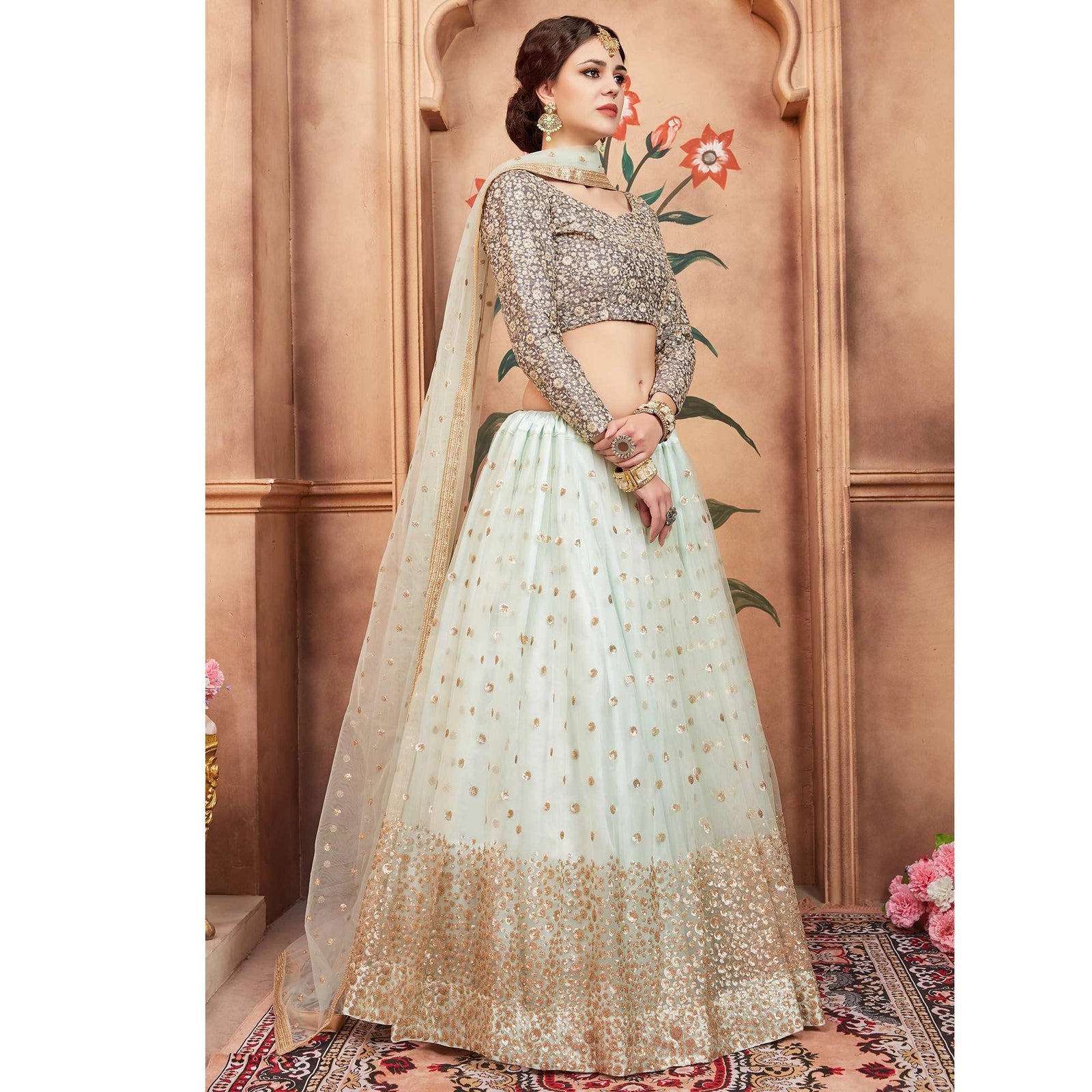 Sky Blue Festive Wear Sequins Thread Work Soft Net Lehenga Choli Clothsvilla