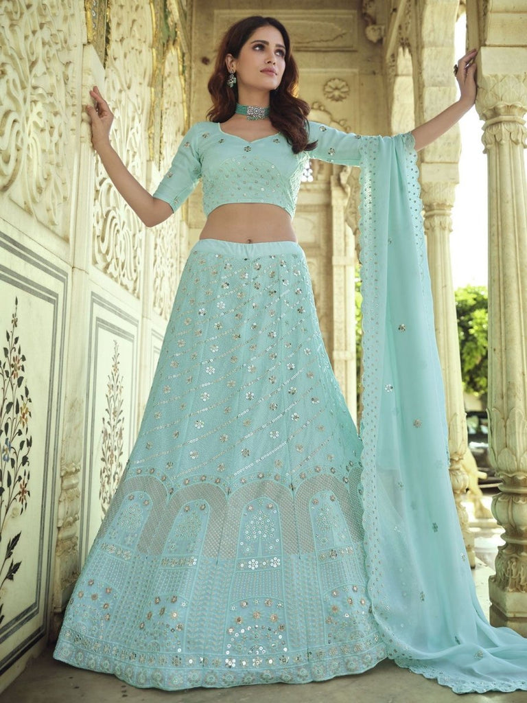 Lehenga Choli : Sky blue banglory silk heavy embroidered ...