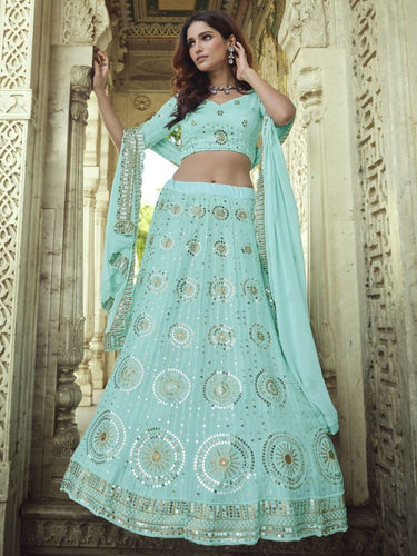 Sky Blue Georgette Wedding Lehenga Choli Clothsvilla