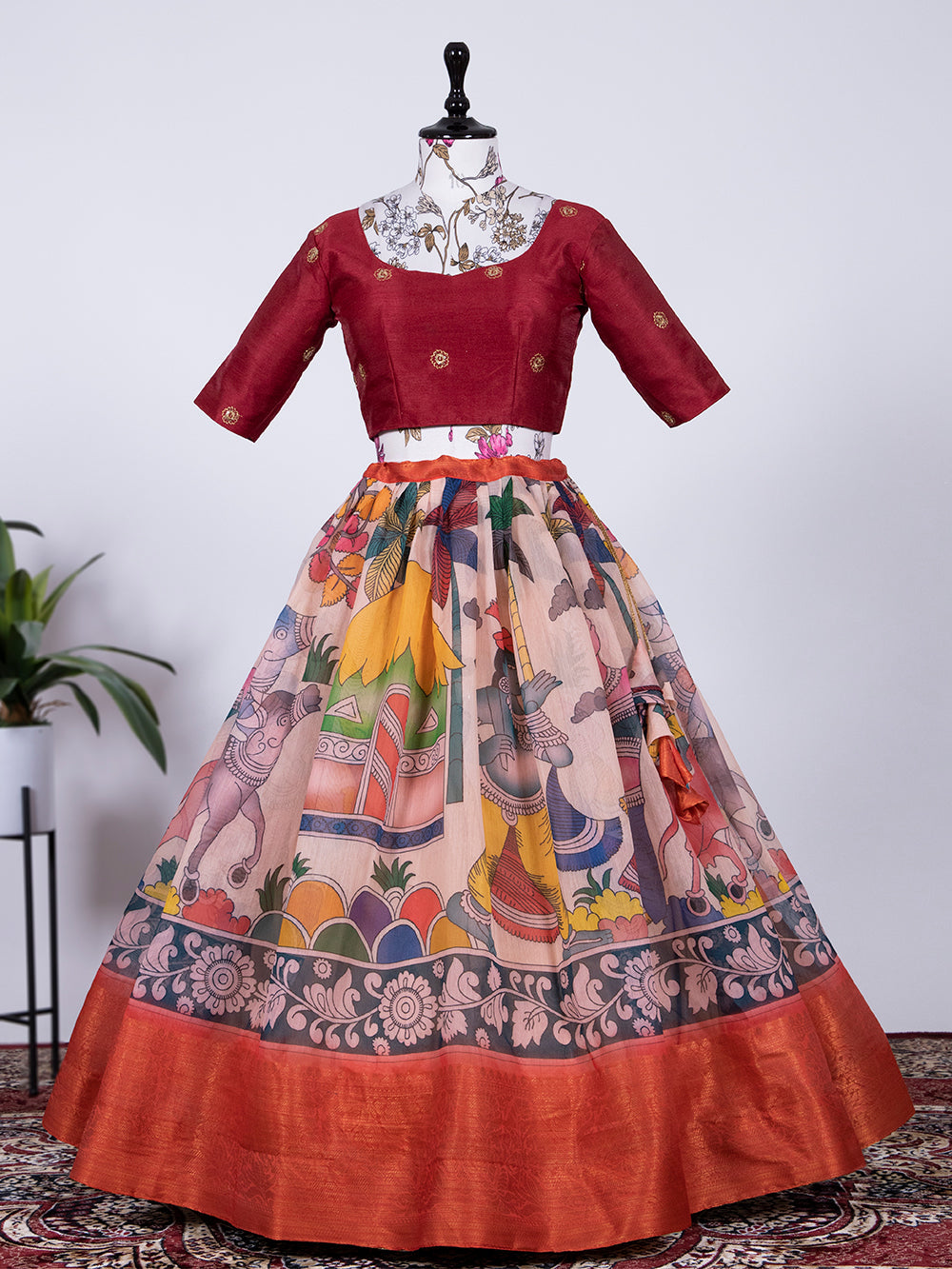 Red Color Digital Printed Soft Cotton Half Saree Set Lehenga Clothsvilla