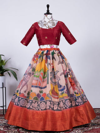 Red Color Digital Printed Soft Cotton Half Saree Set Lehenga Clothsvilla