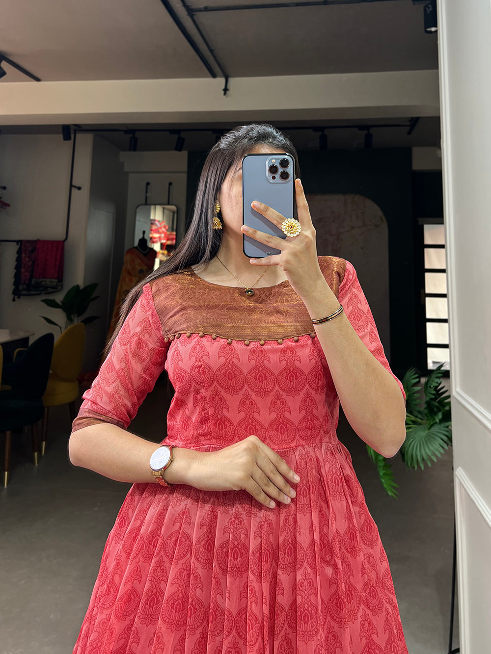 Salmon Color Print With Zari Patta  Soft Cotton Dress Clothsvilla