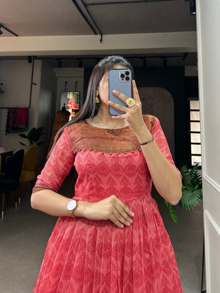 Salmon Color Print With Zari Patta  Soft Cotton Dress Clothsvilla