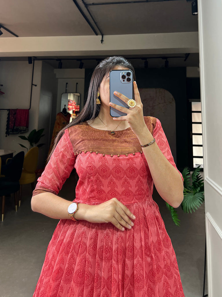 Salmon Color Print With Zari Patta  Soft Cotton Dress Clothsvilla