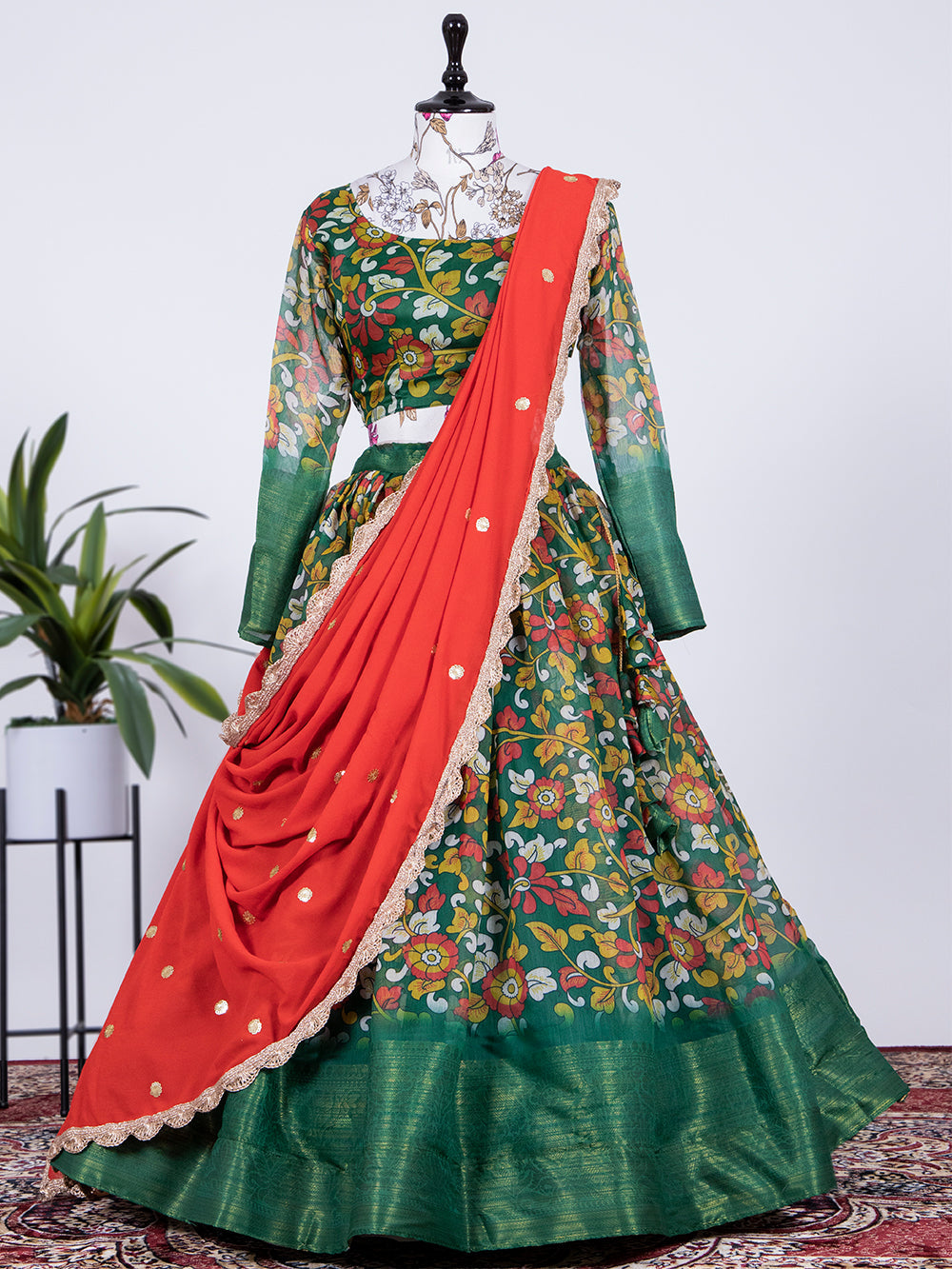 Green Color Printed Soft Cotton Half Saree Set Clothsvilla