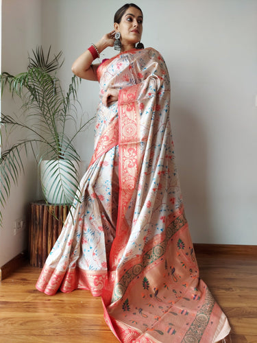 Gala Floral Printed Paithani Woven Saree Blue Flower Clothsvilla