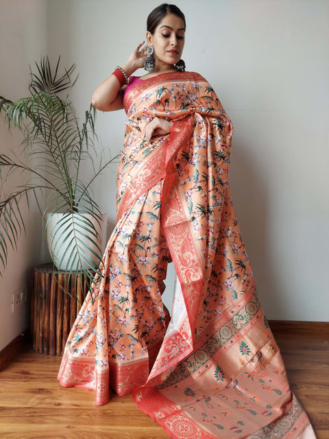 Gala Floral Printed Paithani Woven Saree Desert Sand Clothsvilla Main image