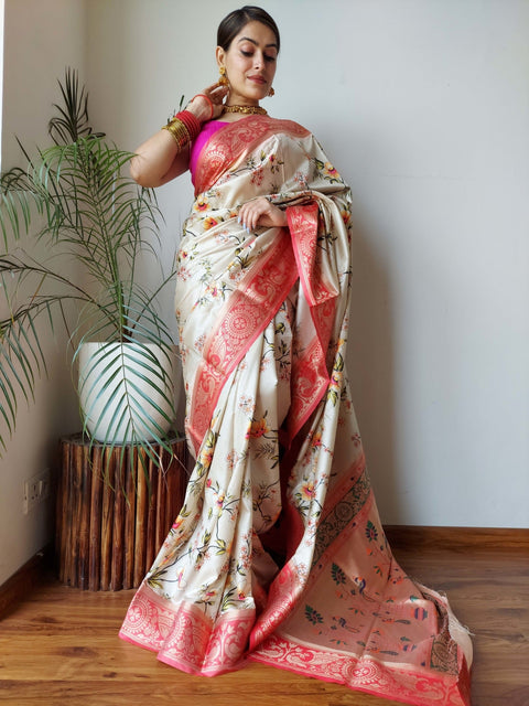 Gala Floral Printed Paithani Woven Saree Orange Flower Clothsvilla Main image